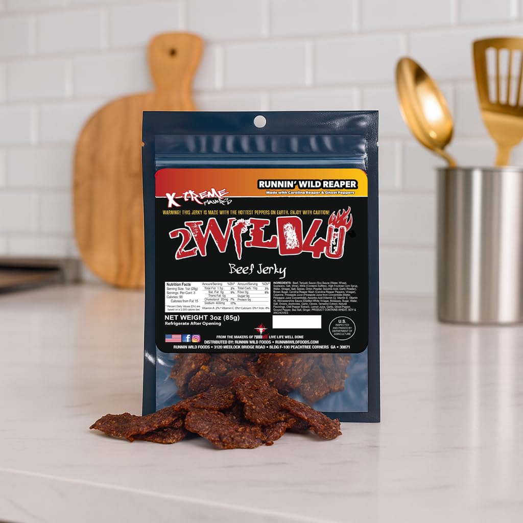 Carolina Reaper Beef Jerky – Premium Brisket Cuts | Extreme Heat | 27g of Protein Per Bag | Small Batch, Real Carolina Reaper & Ghost Pepper Infused | 2WILD4U: Eat If You Dare - 6 ounces total (Pack of 2 bags, 3 ounces each)