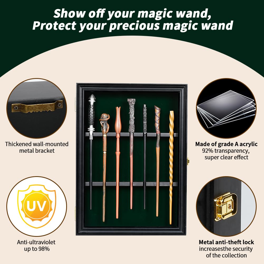 Derkerry Wood Wands Display Case - Vertical Universal Wall Mount Hanging Wood Magic Wand Holder Box for 7 Wand Collection - Wand Not Included