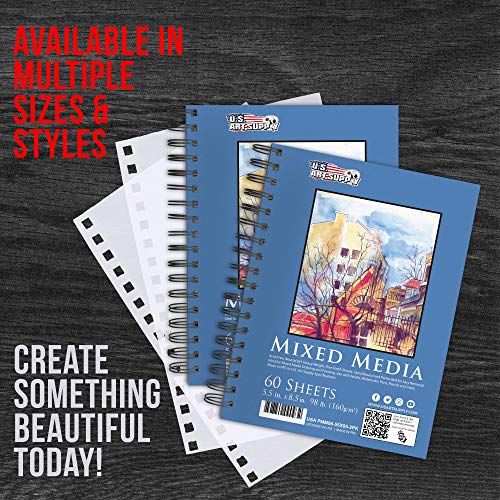 U.S. Art Supply 5.5" x 8.5" Mixed Media Paper Pad Sketchbook, 2 Pack, 60 Sheets, 98 lb (160gsm) - Spiral-Bound, Perforated, Acid-Free - Artist Sketching, Drawing, Painting Watercolor, Acrylic, Wet Dry