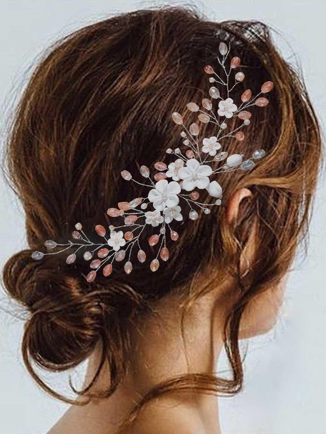 Yean Flower Bride Wedding Hair Vine Pink Rhinestone Bridal Hair Accessories Crystal Headpiece Women and Girls