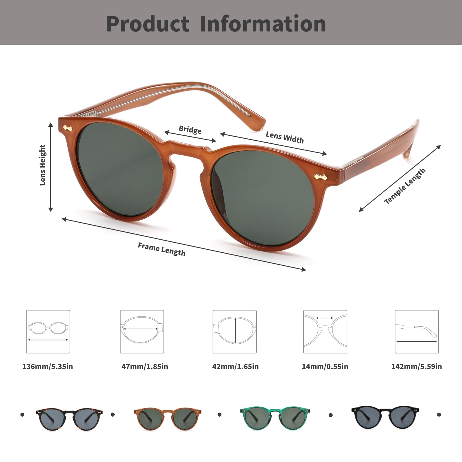 hnbliv Small Retro Round Sunglasses for Women Men UV400 Protection Vintage Designer Trendy Brown Frame