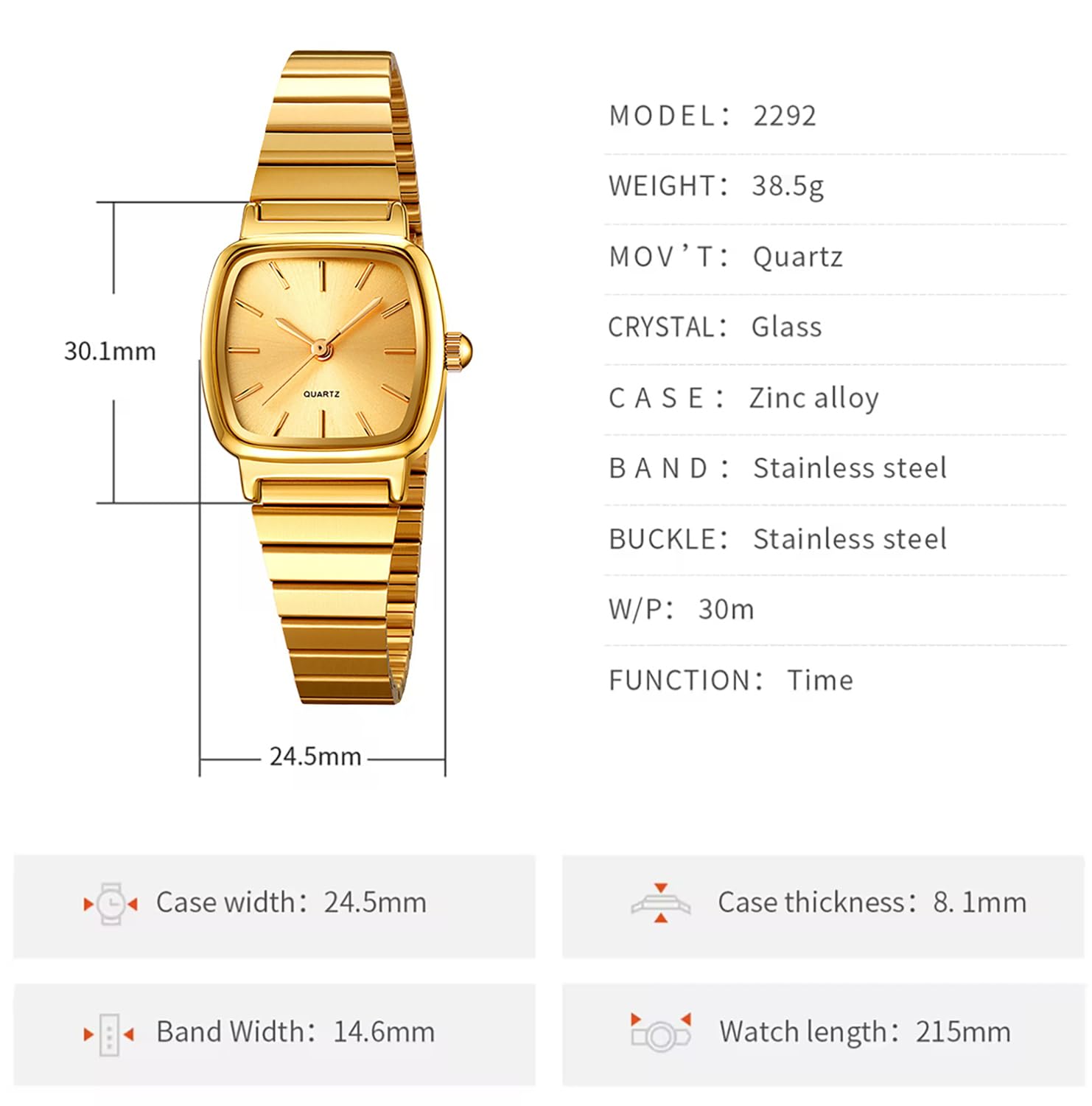 BESTKANG Fashion Women's Watches Waterproof Watch Easy to Read Stainless Steel Strap Quartz Square Watches for Women (Gold 1)