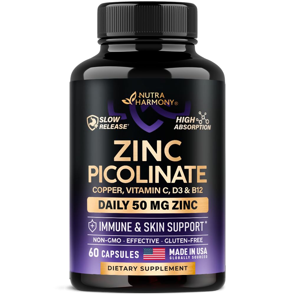 Zinc Picolinate 50mg - Zinc Supplement with Copper, Vitamin D3 & B12 - Stomach Friendly | Slow Release - Immune Support & Skin Health - High Absorption with BioPerine & Vitamin C - 60 Capsules
