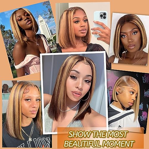 Ombre Highlight Bob Wig Human Hair 13x4 Lace Front Wigs P4/27 Colored Wigs 12 Inch Honey Blonde Bob Human Hair Wigs 180 Density Glueless Short Human Hair Wigs for Women Pre Plucked With Baby Hair
