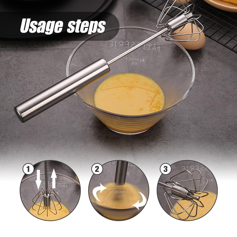 Stainless Steel Semi-Automatic Whisk, 2025 New Egg Whisk Hand Push Rotary Blender, Manual Mixer Stirrer Kitchen Tool for Blending, Whisking, Beating, Stirring (10in)