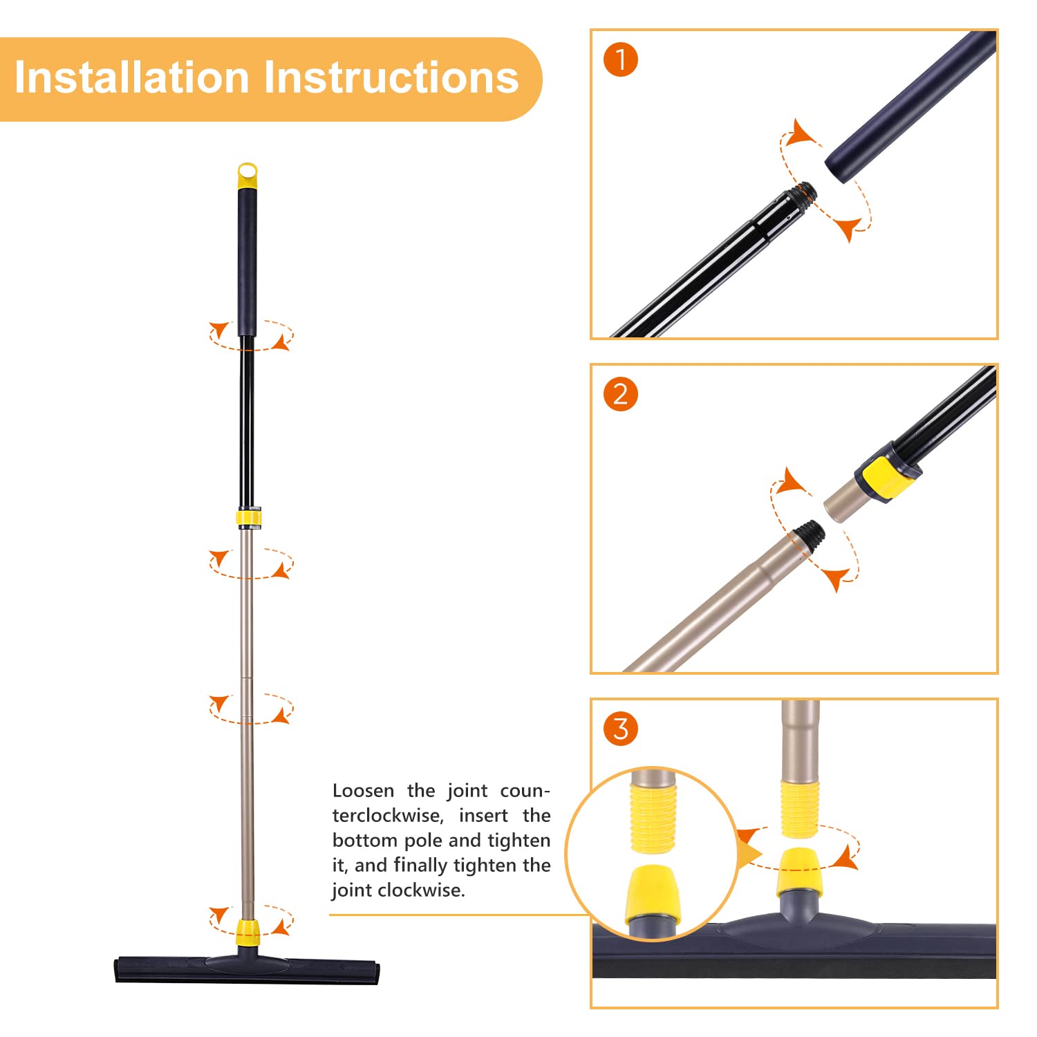 Yocada Floor Squeegee Scrubber Adjustable Telescopic Pole Heavy Duty Household Broom EVA Foam Blade for Garage Courtyard Shower Bathroom Floor Marble Glass Tile Water Foam Cleaning