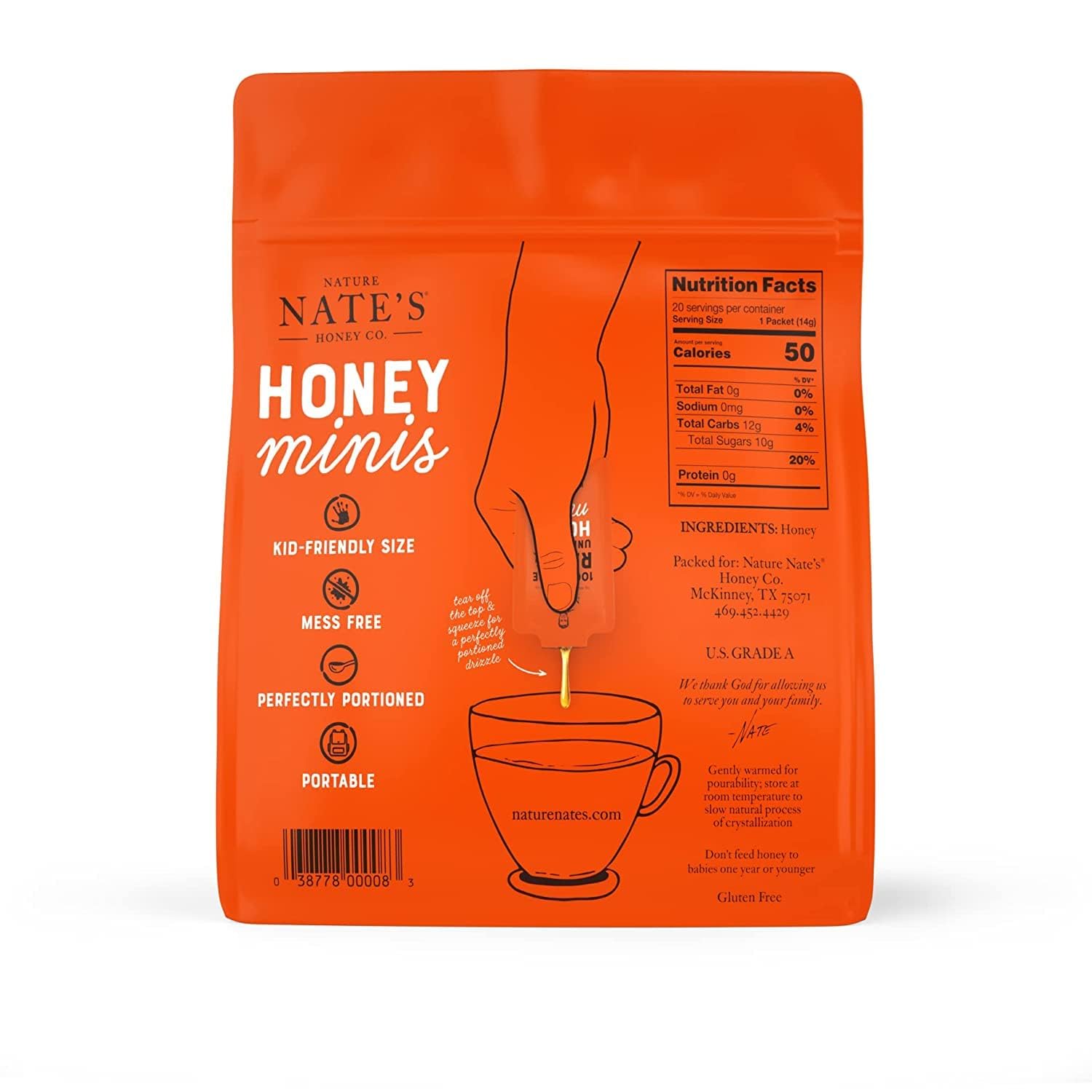 Nate's Honey Minis - Single-Serve 100% Pure, Raw & Unfiltered Honey – 0.49oz Packets, 20ct bag