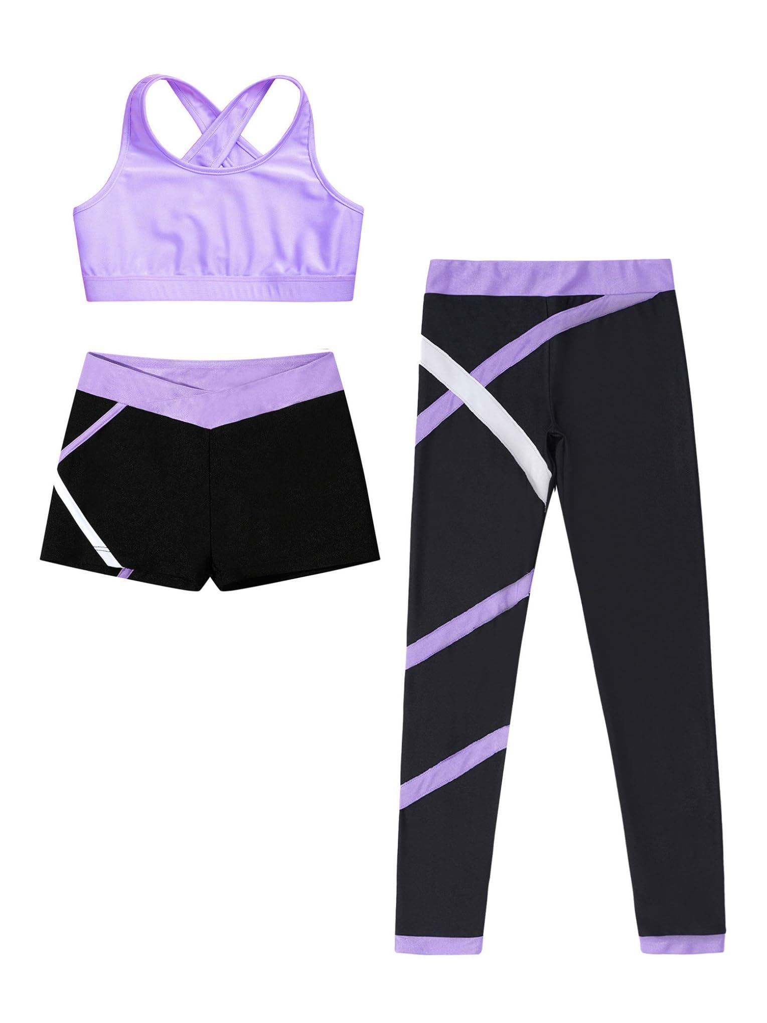 Hansber Kids Girla Dance Outfits Crop Top with Shorts Leggings 3 Pieces Outfits for Gymnastics Yoga Dancing Lavender 14 Years