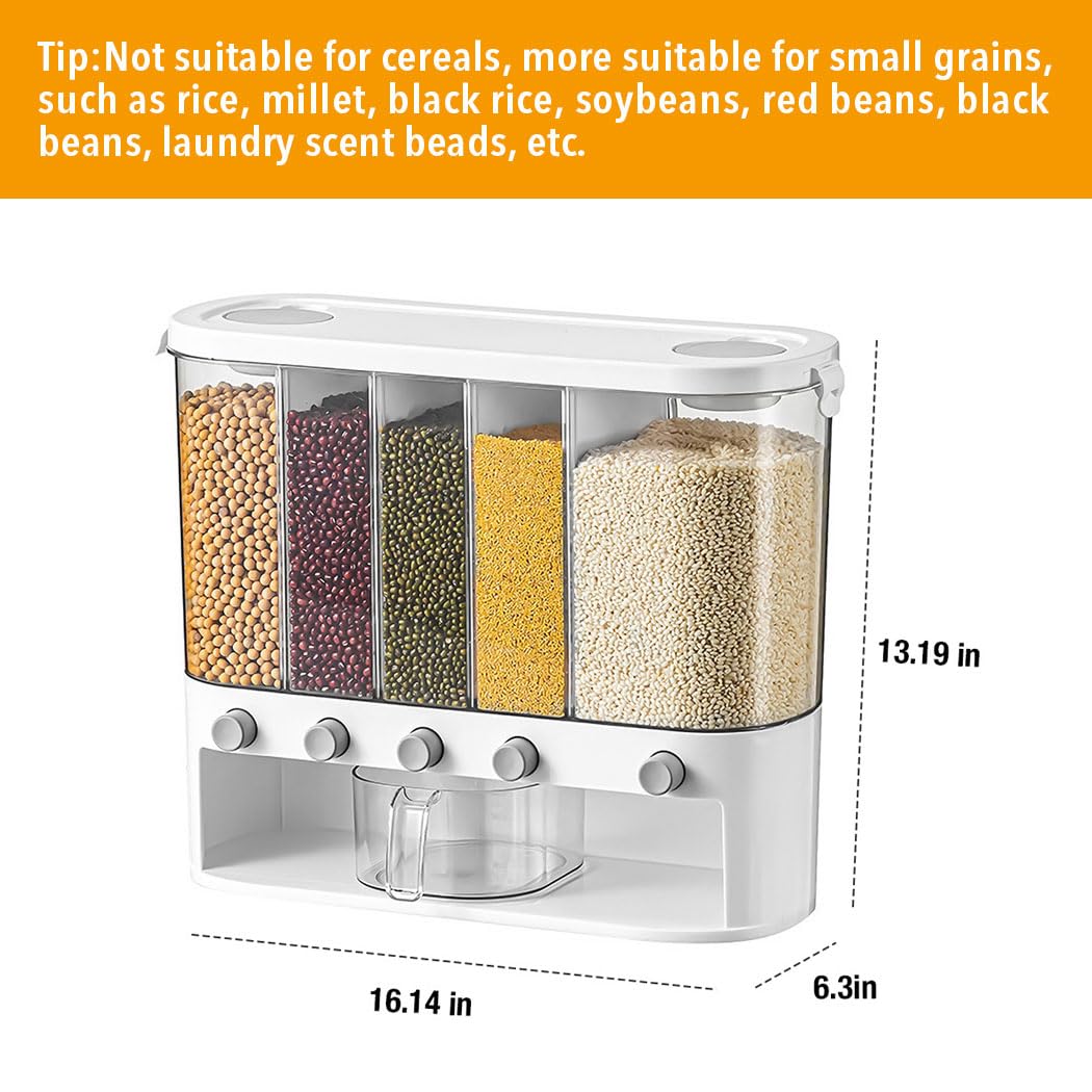 Conworld Dry Food Dispenser, Wall mounted 5 Grid Grain Dispenser, Rice Dispenser 25 Pounds Kitchen Storage with Measuring Cup, Not Suitable for Cereal, Cashews, Trail Mix, Suitable for Rice, Beans