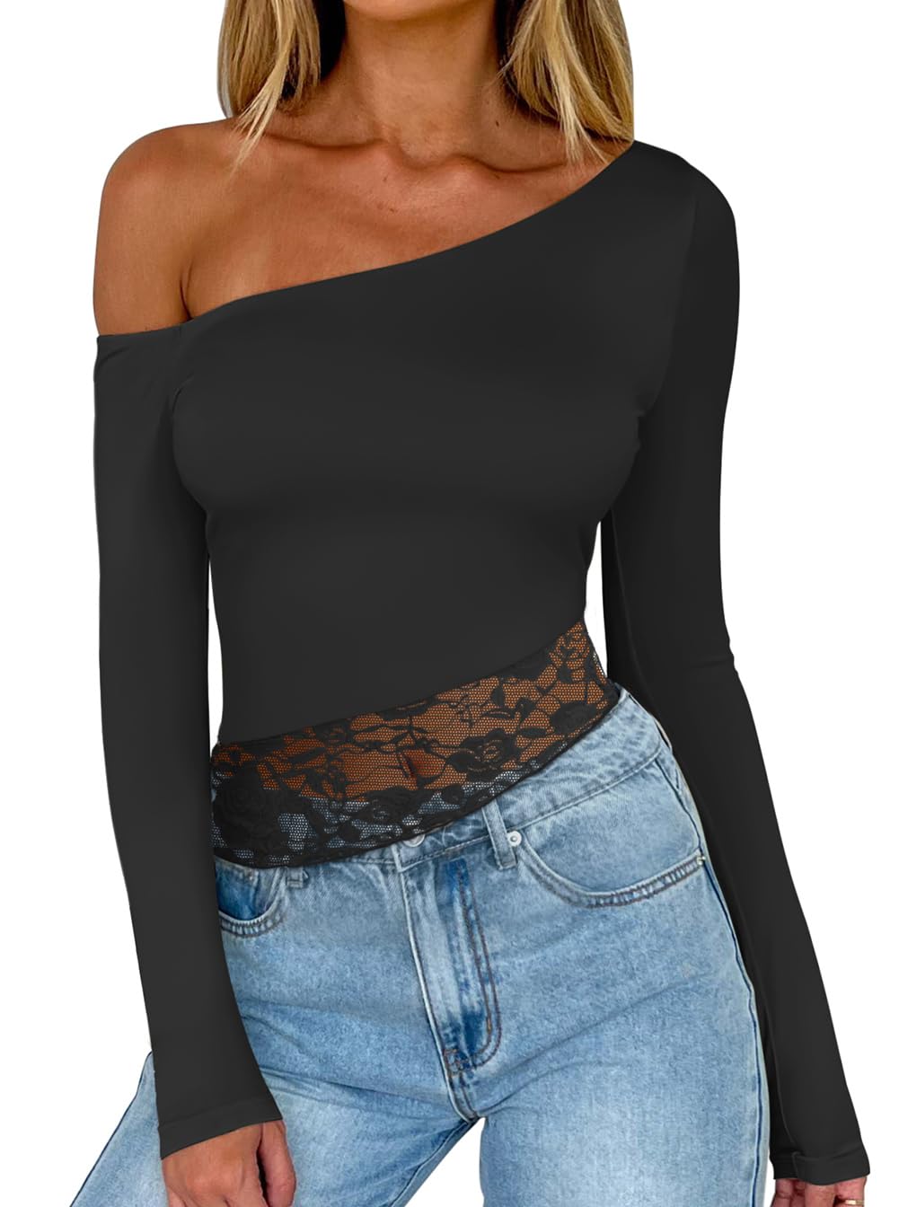 REORIA Womens Off The Shoulder Long Sleeve Tops Lace Double Lined Crop Tops Regular Fitted Shirts Going Out Y2k Trendy Tops Black Small
