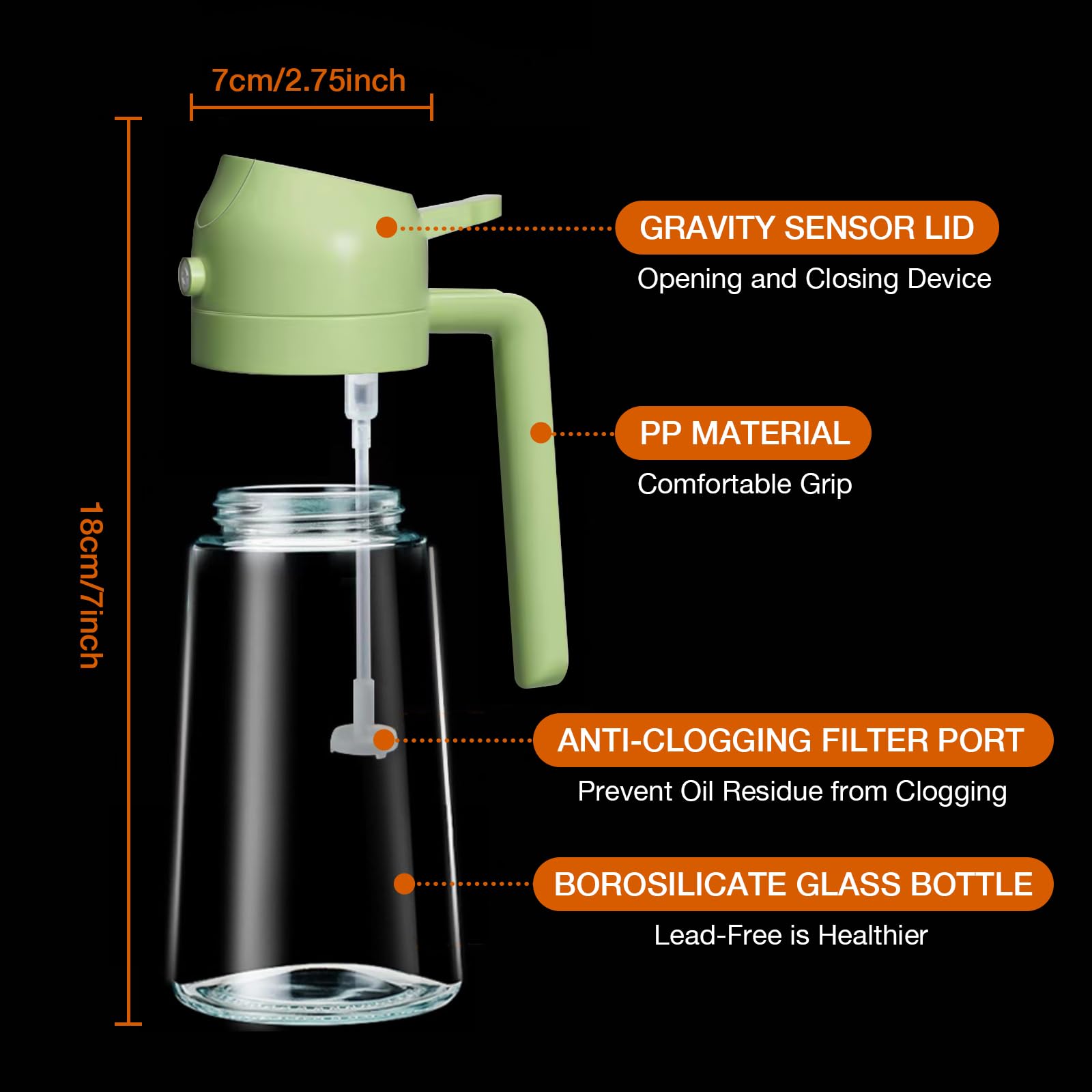 YARRAMATE Olive Oil Dispenser Bottle for Kitchen,2 in 1 Oil Sprayer for Cooking, 16oz/470ml Glass Oil Spray Bottle with Pourer, Food-grade Oil Mister for Air Fryer, Salad, Frying, BBQ (Green)
