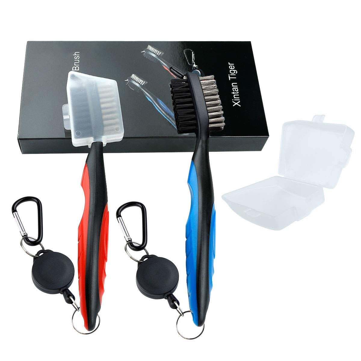 Xintan Tiger Pack of 2 Golf Club Brush Groove Cleaner with Retractable Zip-line and Aluminum Carabiner Cleaning Tools