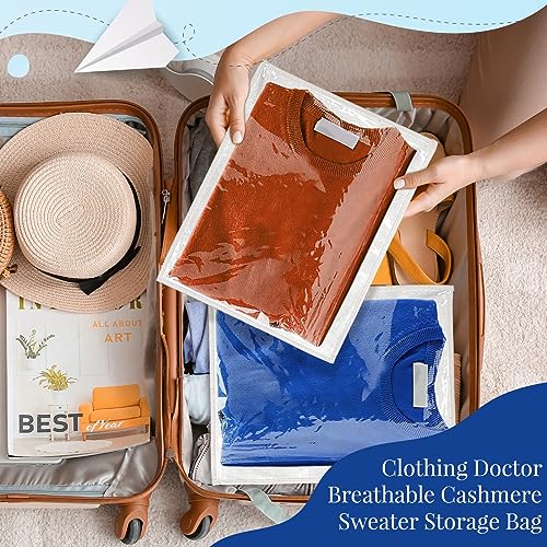 The Clothing Doctor Breathable Cashmere Sweater Storage Bag, Convenient Snap With Flap Closure, Clear Window For Easy Identification, 14.5"x18.4", Pack Of 6, White