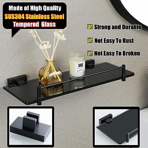 Alise Bathroom Shelves Glass Shelf with Guard Bar Wall Mount,Floating Shelves for Bathroom,SUS 304 Stainless Steel Tempered Glass Rack Holder Storage Organizer,GOY380X130-B Black