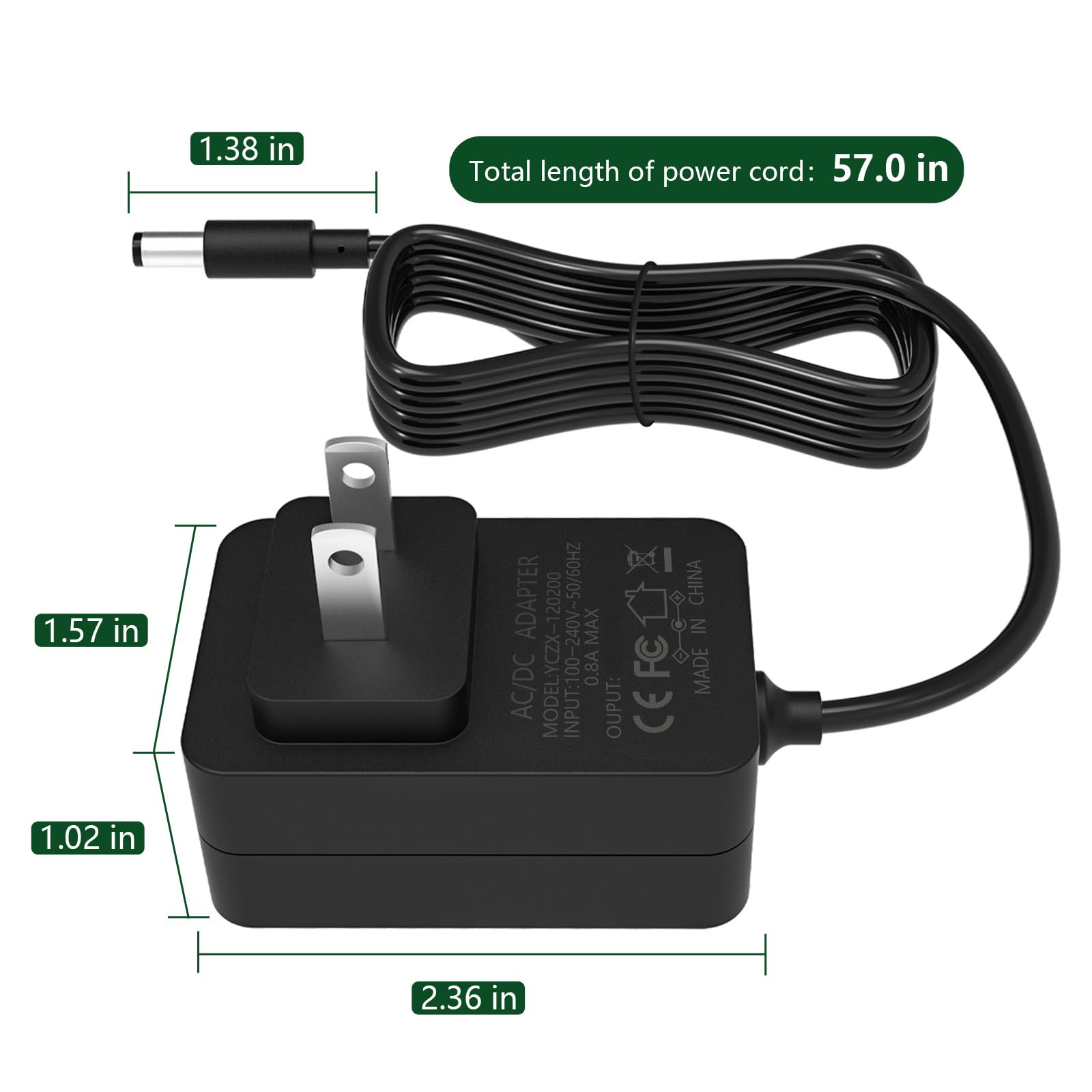 12V AC/DC Power Cord Charger for Shiatsu Neck and Back Massagers Compatible with Zyllion, Nekteck, Comfier, Resteck, Viktop, snailax shiatsu Neck and Back Massager