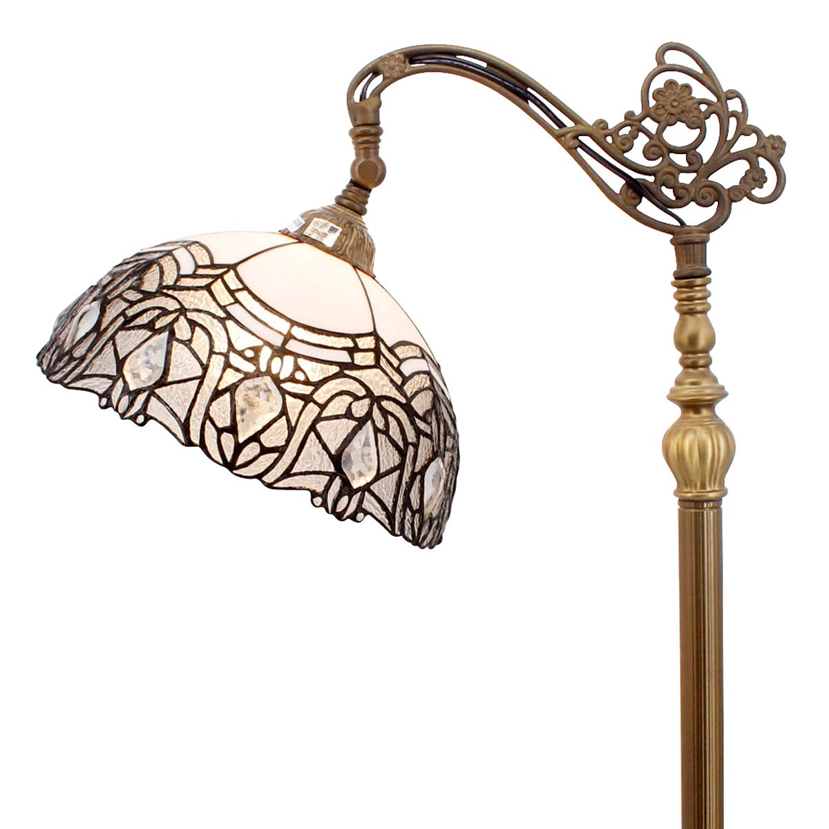 WERFACTORY Tiffany Floor Lamp White Crystal Bent Stained Glass Arched Lamp 12X18X64 Inches Gooseneck Adjustable Corner Standing Reading Light Decor Bedroom Living Room S508W Series