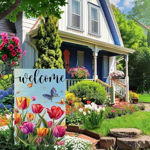 Welcome Garden Flags, Butterfly Tulip Garden Flag, 12x18 Inch Vertical Double Sided Burlap, Summer Porch Garden Flag, Outdoor Yard House Decor (Only Garden Flag)