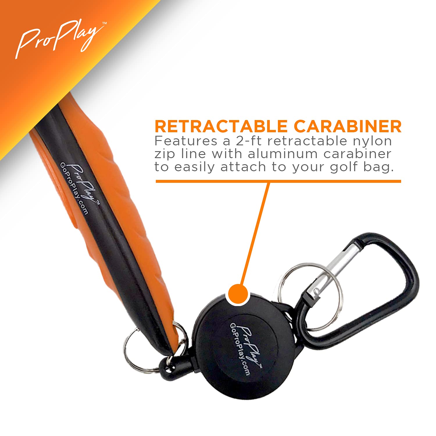 ProPlay Golf Club Brush and Groove Cleaner | Retractable Zip-line Aluminum Carabiner | Lightweight and Ergonomic Design | Easily Attaches to Golf Bag (Orange)