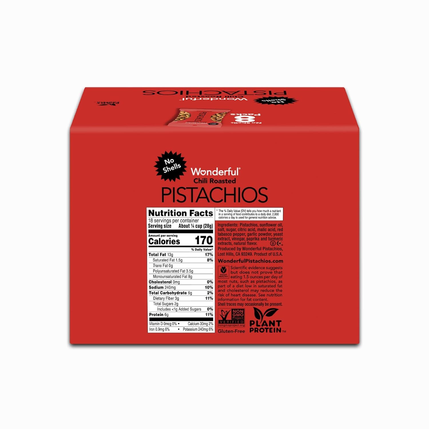 Wonderful Pistachios No Shells, Chili Roasted Nuts, 2.25 Ounce (Pack of 8), Protein Snacks, Gluten Free, Healthy Snack