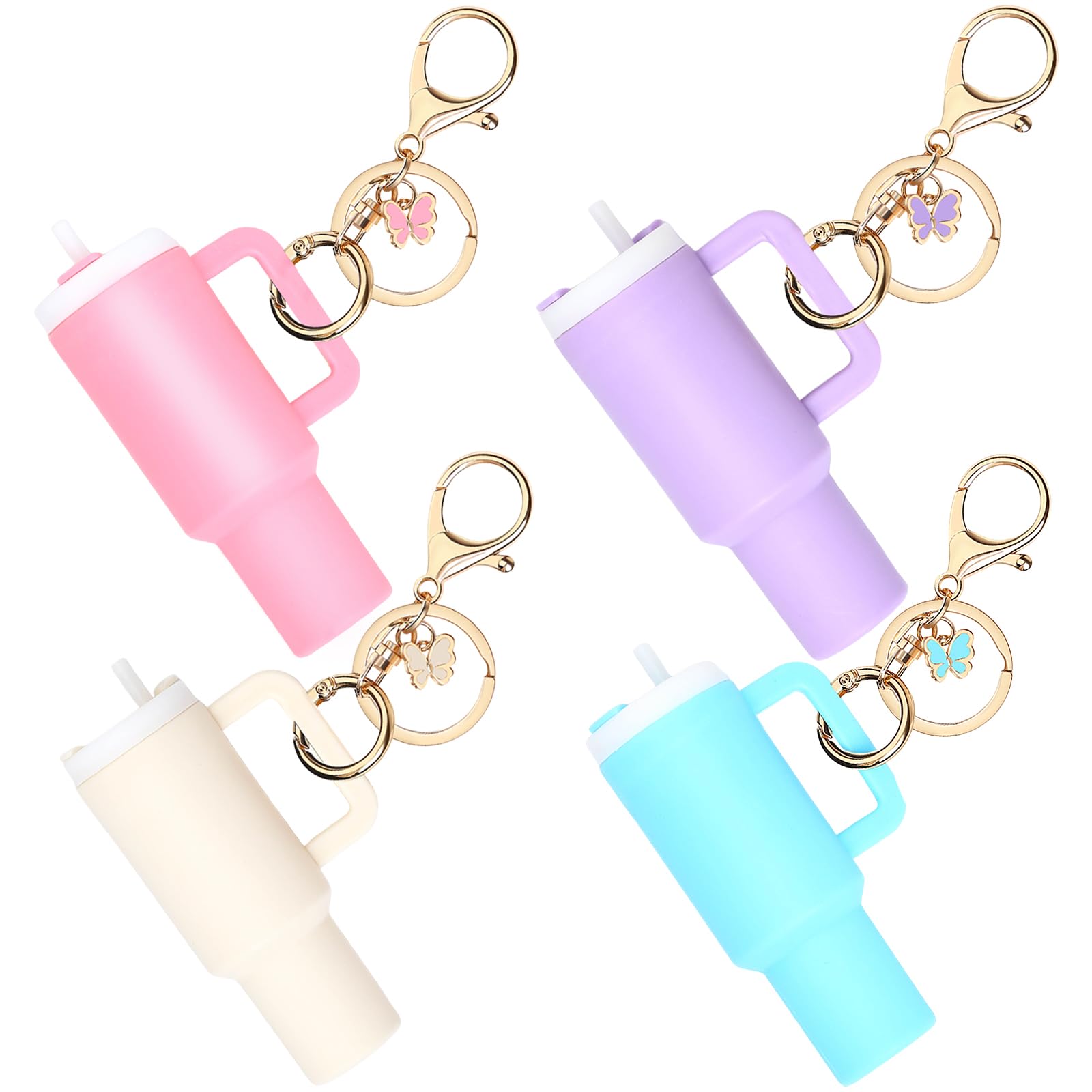 4pcs Mini Tumbler Keychain for Stanley Cup, Cute Chapstick Lip Balm Holder Lipstick Chap Stick Ring Jewelry Key Chain Charms for Women Purse Handbag Backpack with Butterfly(PurpleBeigePinkBlue)