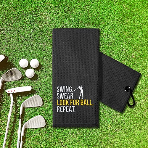 TOUNER Funny Golf Towel Gift for Dad, Retirement Gifts for Men Golfer, Funny Golf Towel for Men, Embroidered Golf Towels for Golf Bags with Clip (Swing Swear Look for Ball Repeat)