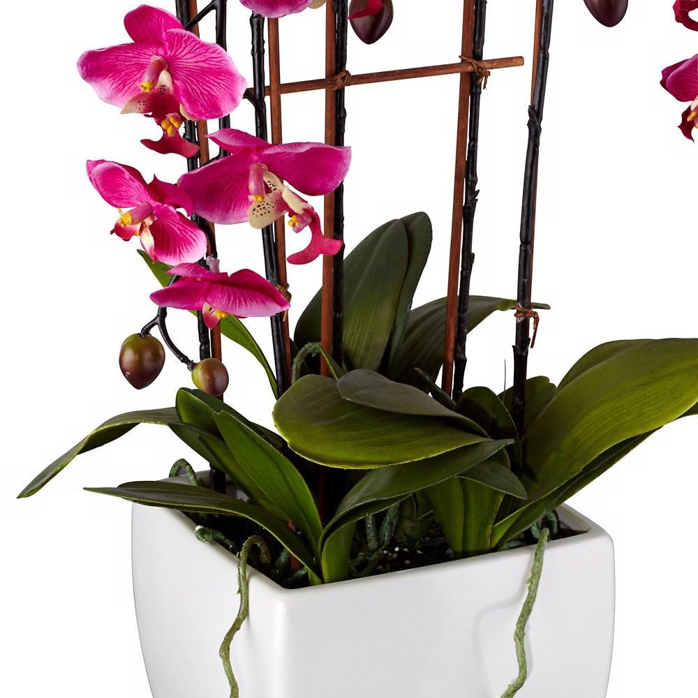Dahlia Studios Potted Silk Faux Artificial Flowers Arrangements Realistic Purple Fuchsia Orchid in White Ceramic Pot for Home Decoration Living Room Office Bedroom Bathroom Kitchen 29" High