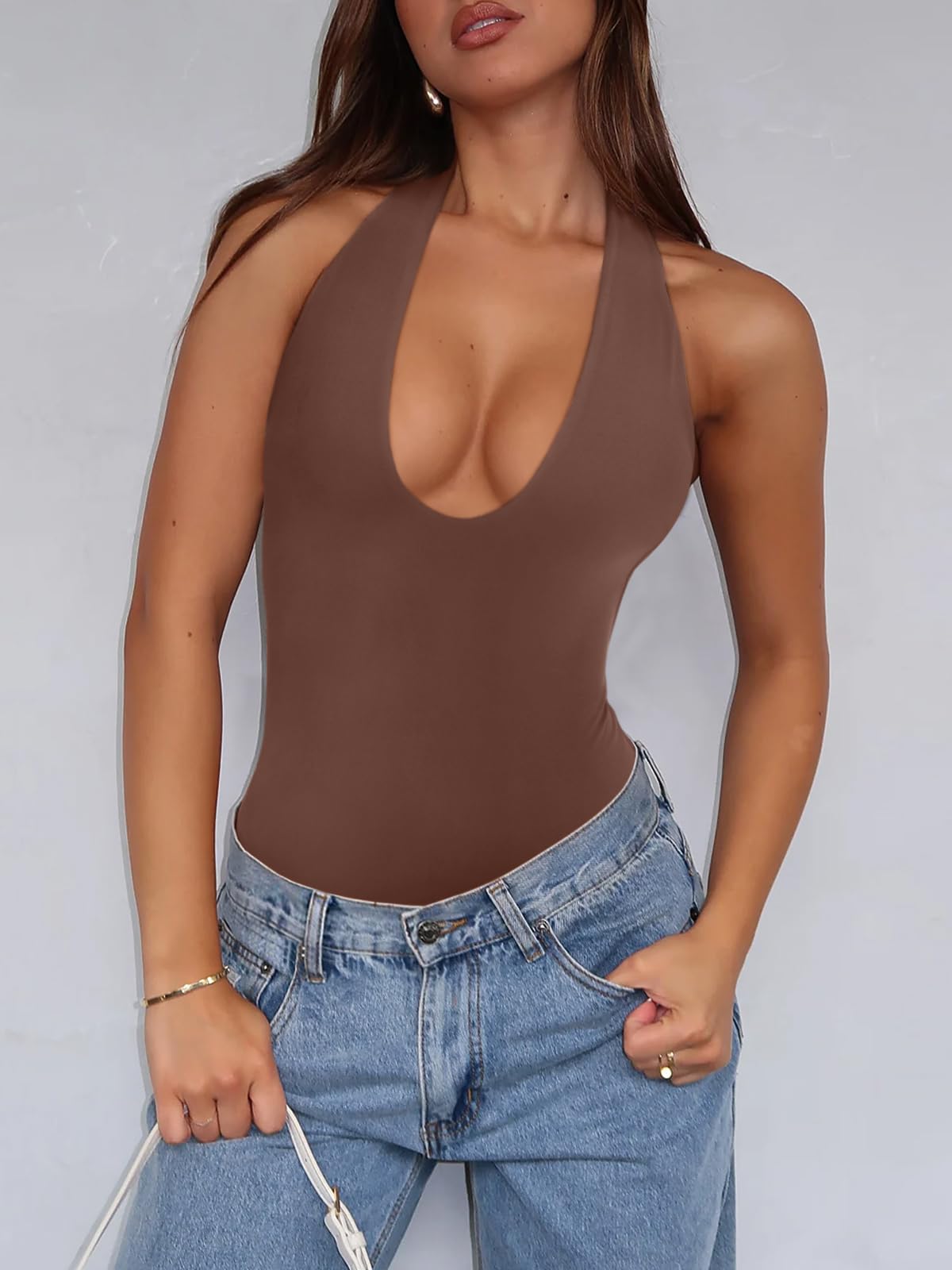 REORIA Bodysuits for Women Halter Tops 2025 Summer V Neck Backless Body Suits Tank Top Trendy Fashion Clothing Coffee X-Large