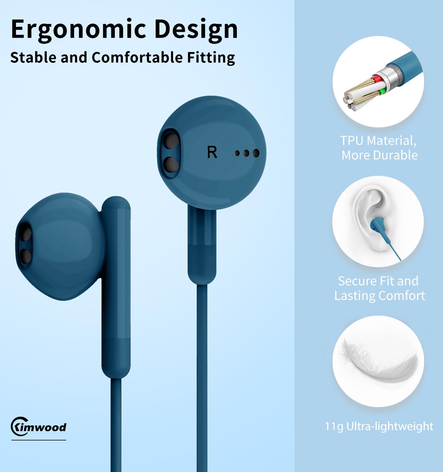 Kimwood Wired Earbuds with Microphone, Wired Earphones in-Ear Headphones HiFi Stereo, Powerful Bass and Crystal Clear Audio, Compatible with iPhone, Android, Computer Most with 3.5mm Jack(Blue)
