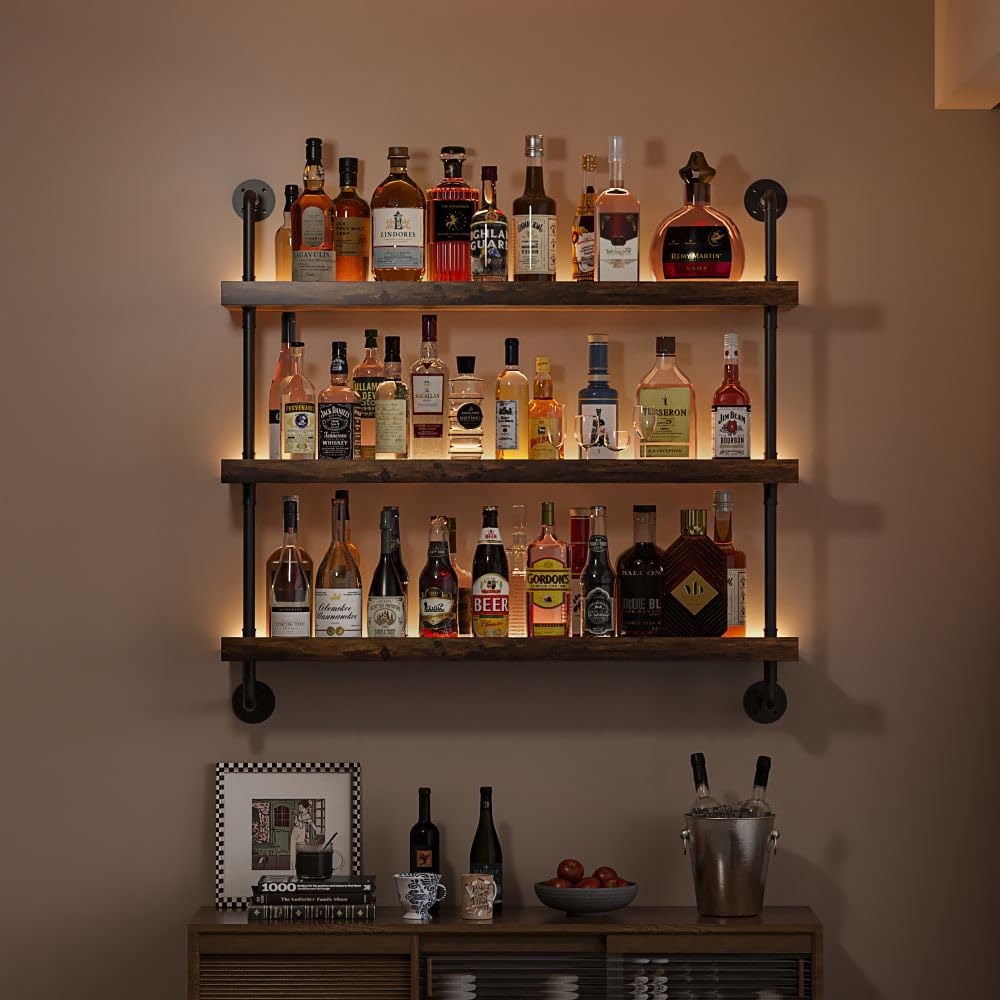 Woskar 3-Tier Wall Mounted Wine Rack with LED,Liquor Bottles Floating Shelves Display Storage Organizer for Home Bar Dining Room Kitchen (31.5" W x 47.2" H x 8.6" D)