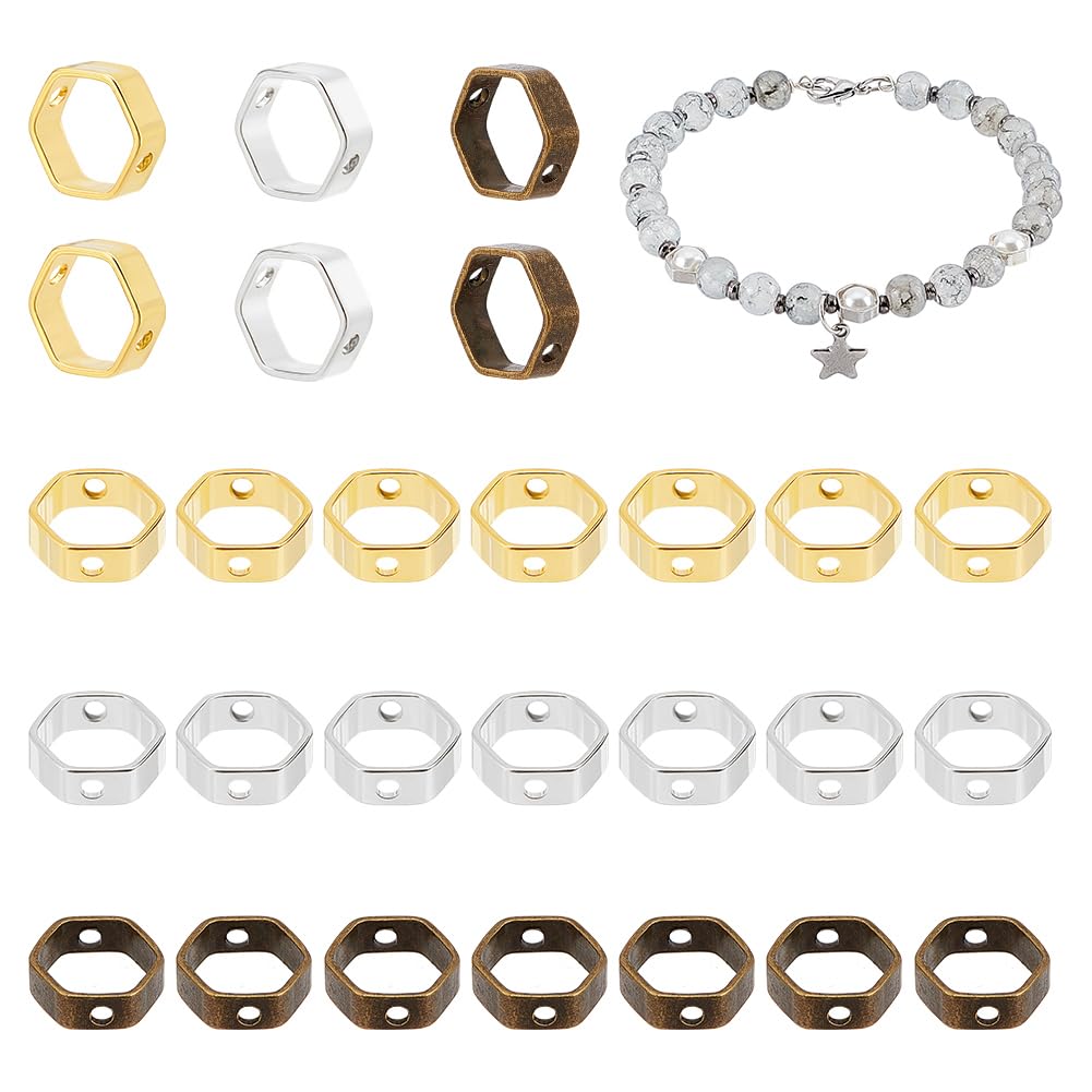 PH PandaHall 80pcs Hexagon Bead Frame, 4 Colors Brass Polygon Frame Connectors 6x7x2mm Loose Beads Two Hole Frame Spacer Beads Circle Bead Frame for Beading Earring Bracelet Necklace Making