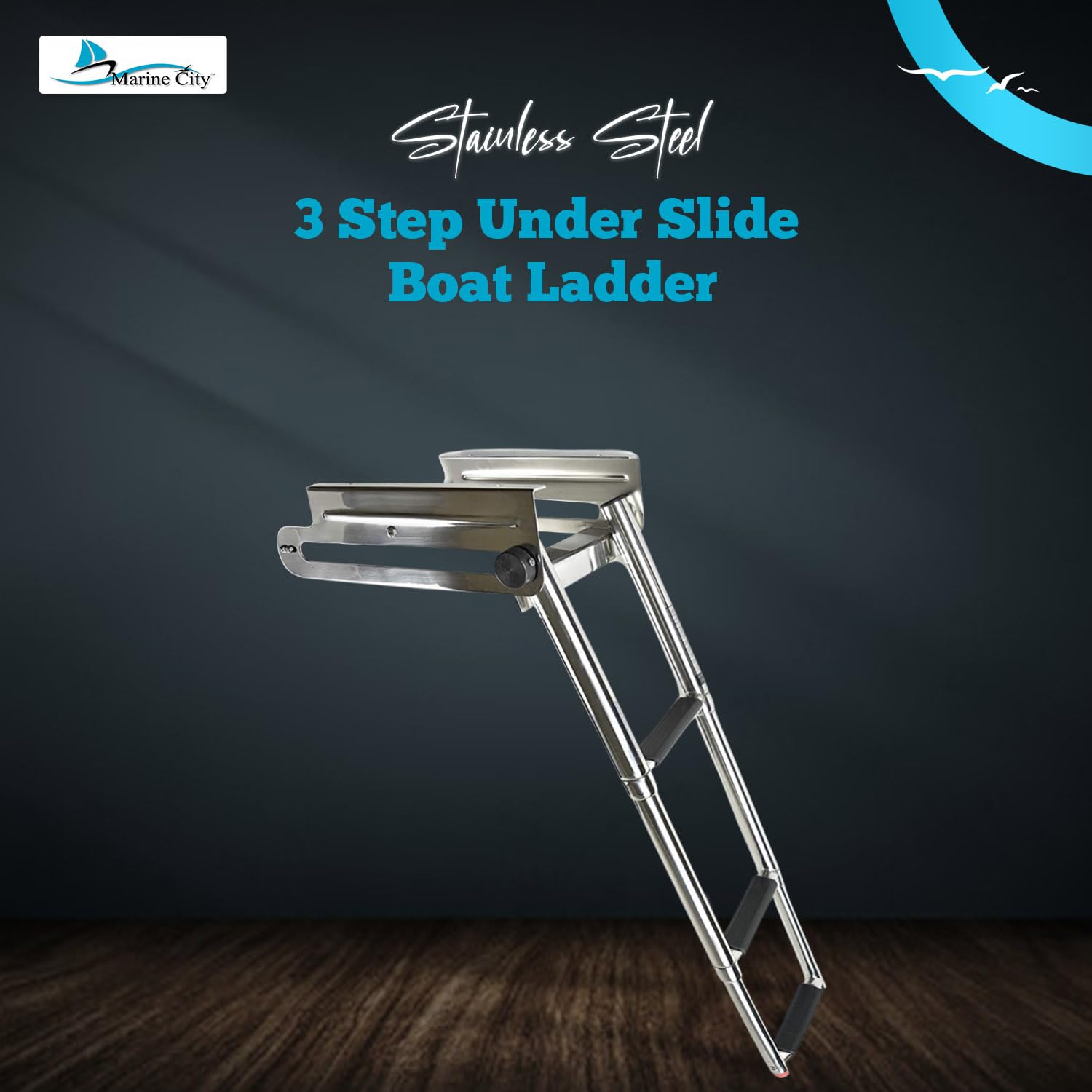 MARINE CITY 304 Stainless Steel Telescoping 3 Step Under Slide Boarding Boat Ladder with Swim Platform Mount - Swiveling, Flips Up - Ideal for Marines, Boats, Yachts, and Pontoons