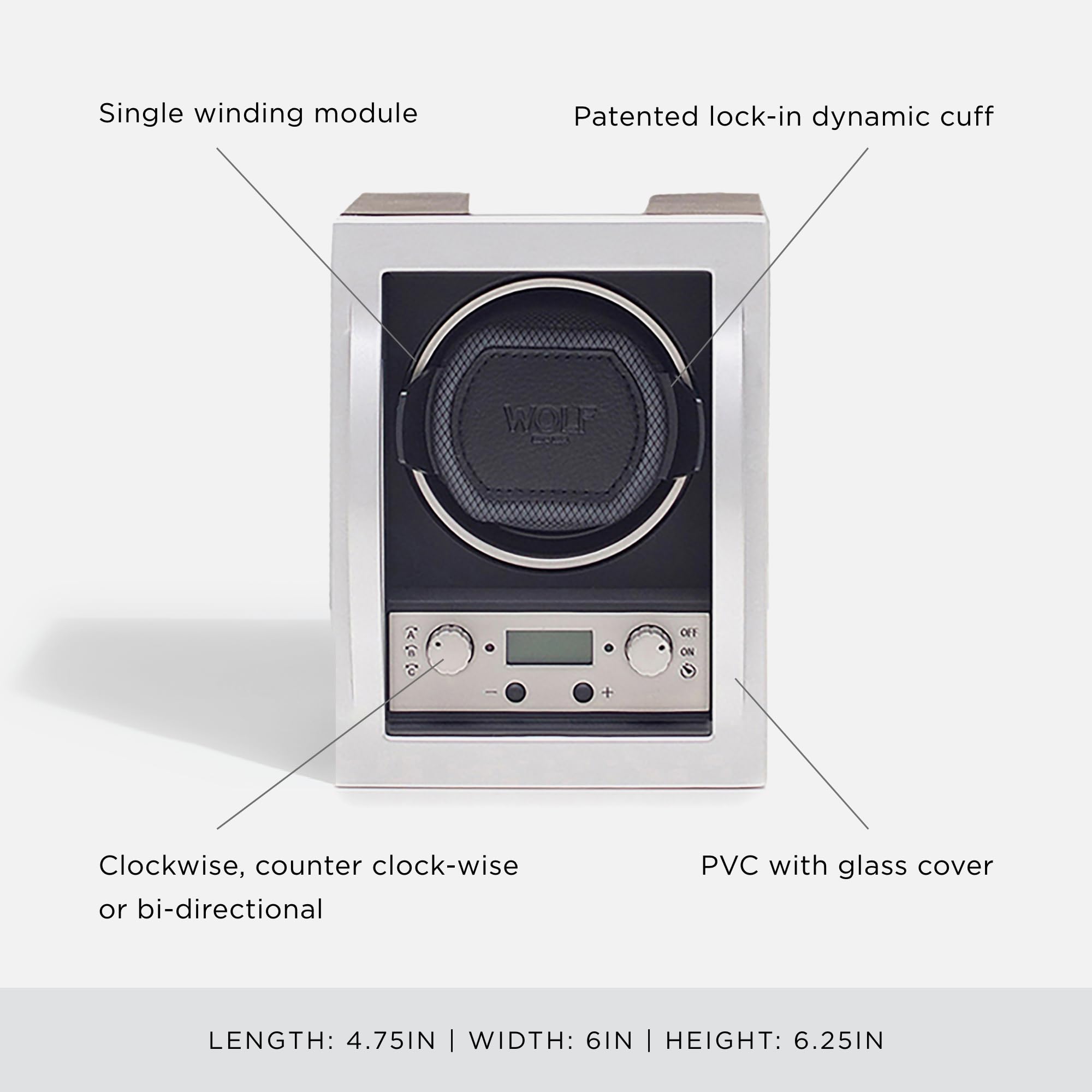 Wolf Module 4.1 Watch Winder, Black - Secure Fit with Patented Lock-in Dynamic Cuff - Accommodates All Wrist Sizes - Includes Universal Adapter