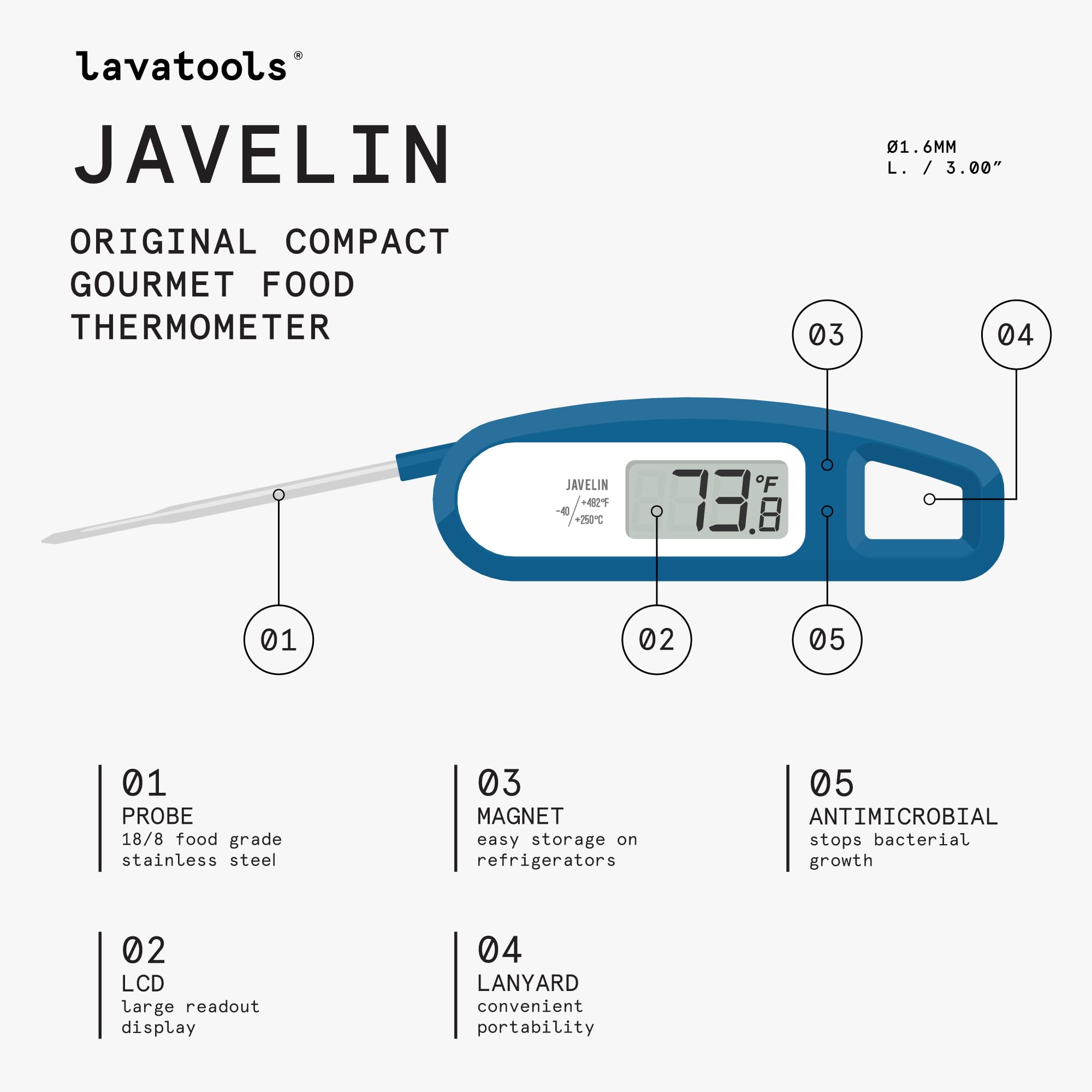 Lavatools Javelinยฎ Ultra-Fast 2-Second Digital Instant Read Meat Thermometer for Grill and Cooking, 2.75" Probe, Compact Foldable Design, Large Display, IP65 Water Resistant, NSF Certified โ Wasabi
