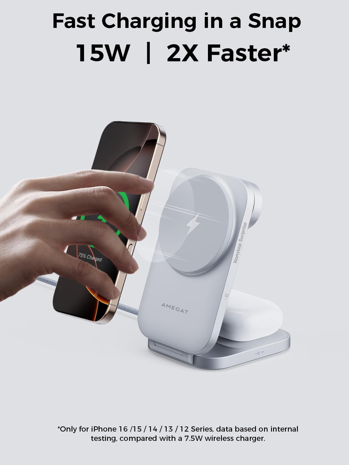 AMEGAT MagFusion Z 3-in-1 MagSafe-Compatible Charging Station, Qi2 Certified 15W Wireless Foldable Charger, for iPhone 16/15/14/13/12, AirPods 4/3/2/Pro, Apple Watch Charger, Silver