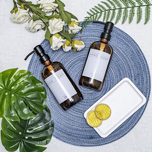 Janxin Glass Soap Dispenser for Kitchen with Stainless Steel Pump and Wood Tray, Modern Bathroom Soap Dispenser with Waterproof Labels for Hand Soap, Dish Soap, Lotion (Amber Bottles+Black Pumps)