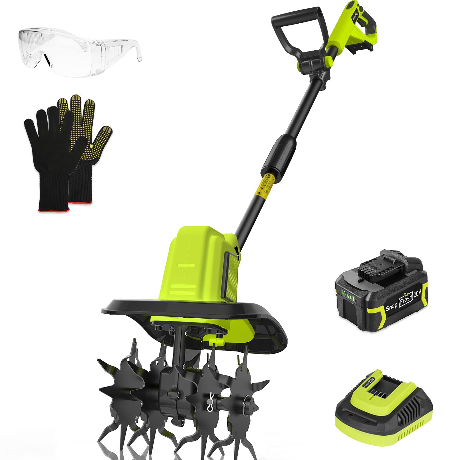 SnapFresh Cordless Tiller Cultivator, 20V Electric Garden Tiller with 4.0AH Battery and Fast Charger, 300 PRM Battery Powered Rototiller, 9" Width 6.6" Depth, 3 Speed Handheld Tiller with Steel Tines