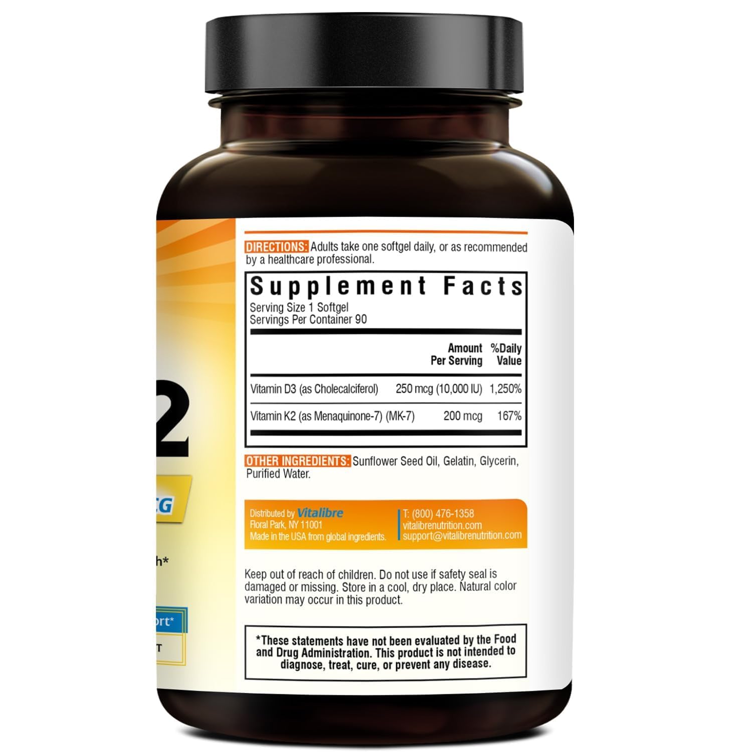 Vitalibre Vitamin D3 K2 Supplement, 10000 IU D3 / 200 mcg K2 MK7, Calcium Absorption, Bone, Heart, Immune & Mood Support, Enhanced Absorption, No Soy, Easy to Swallow, 90 Softgels