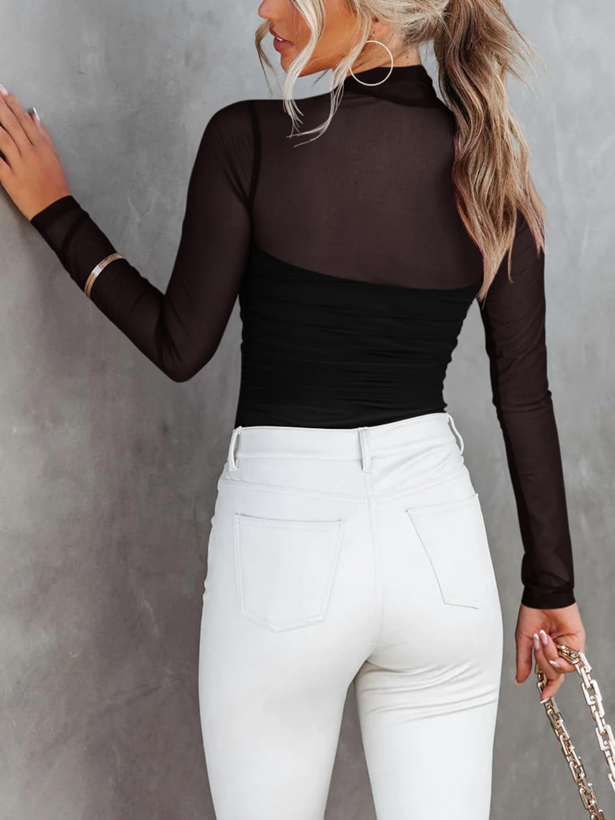 Women's Sexy Mock Turtle Neck Sheer Mesh Ruched Bodysuit - Fall Trendy Going Out Leotard Top by REORIA