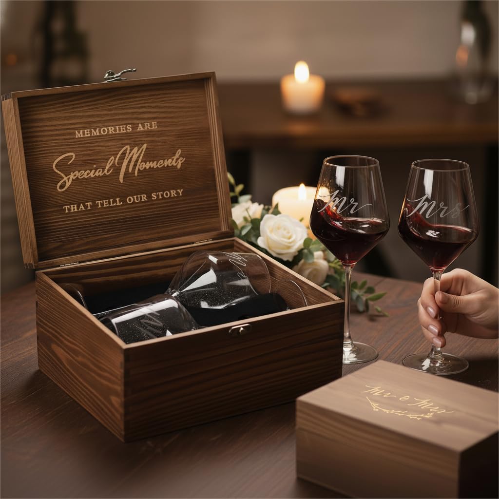 Mr Mrs Wine Glasses Gifts for Engagement/Bridal Shower/Wedding,Just Engaged Gifts for Coules/Women/Newlyweds,Bridal Shower Gift for Bride to be-Wedding Keepsake Wooden Box Set for Christmas Couples