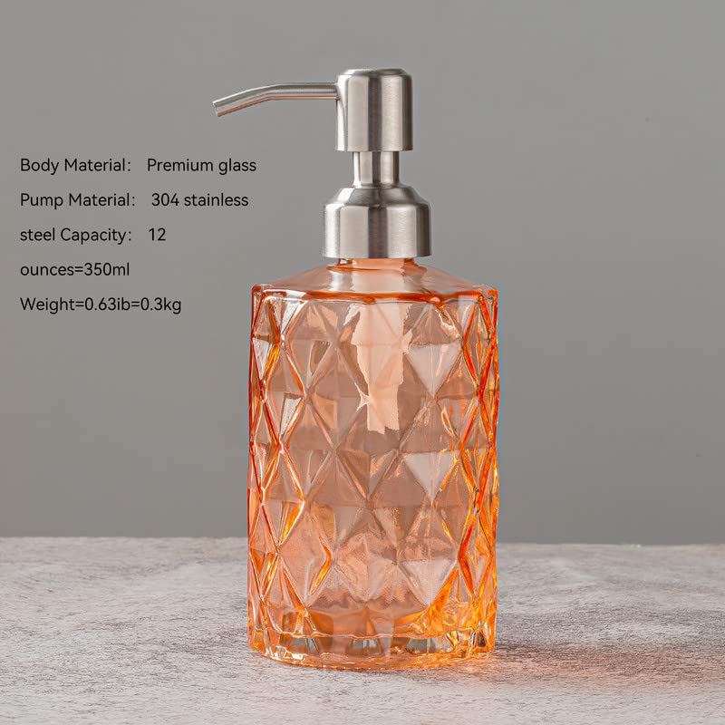 Easy-Tang 12 Oz Soap Dispenser for Kitchen,Bathroom - Refillable Wash Hand Liquid Clear Glass Bottle with Stainless Steel Pump,Ideal for Containers,Dish Detergent,Essential Oil,Shampoo Lotion (Amber)