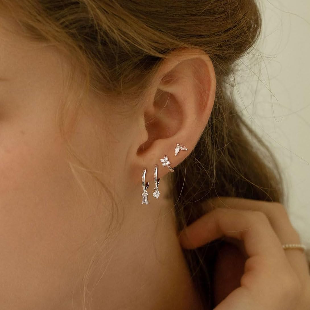 Cuzmly Silver Earrings Set for Women, Dainty Huggie Hoop Earrings 925 Sterling Silver Lightweight Cartilage Earrings Trendy Hypoallergenic Small Multiple Piercing Diamond Earrings Silver Jewelry Gifts