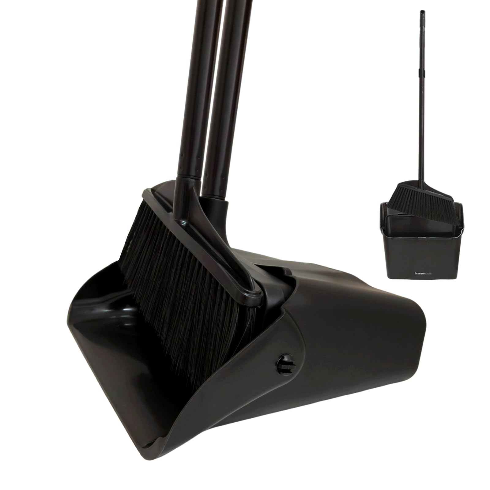 Primero Basics Broom and Dustpan Set with Long Handle and Wheels, Upright Standing Heavy Duty Large Dust Pan and Broom Combo for Indoor Outdoor, Kitchen, Garage, Restaurant Cleaning – Black