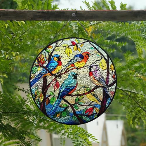 Huyfoig Cheerful Hummingbird Stained Glass Window Hanging, Birds on Branch Garden Suncatchers for Yard, Kitchen, Living Room, Hummingbird Gifts for Mom Grandma Teacher (Five Birds, 5.9"/15cm)