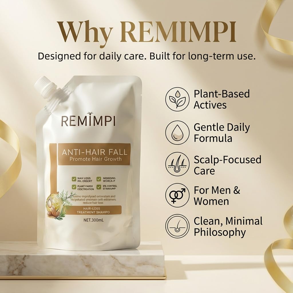 REMIMPI Herbal Anti-Fall Shampoo, Ginger & Ginseng Scalp Cleanser with Jojoba & Oat Extracts, Strengthening Formula for Thinning Hair, 300ml (2-Pack Duo Set)