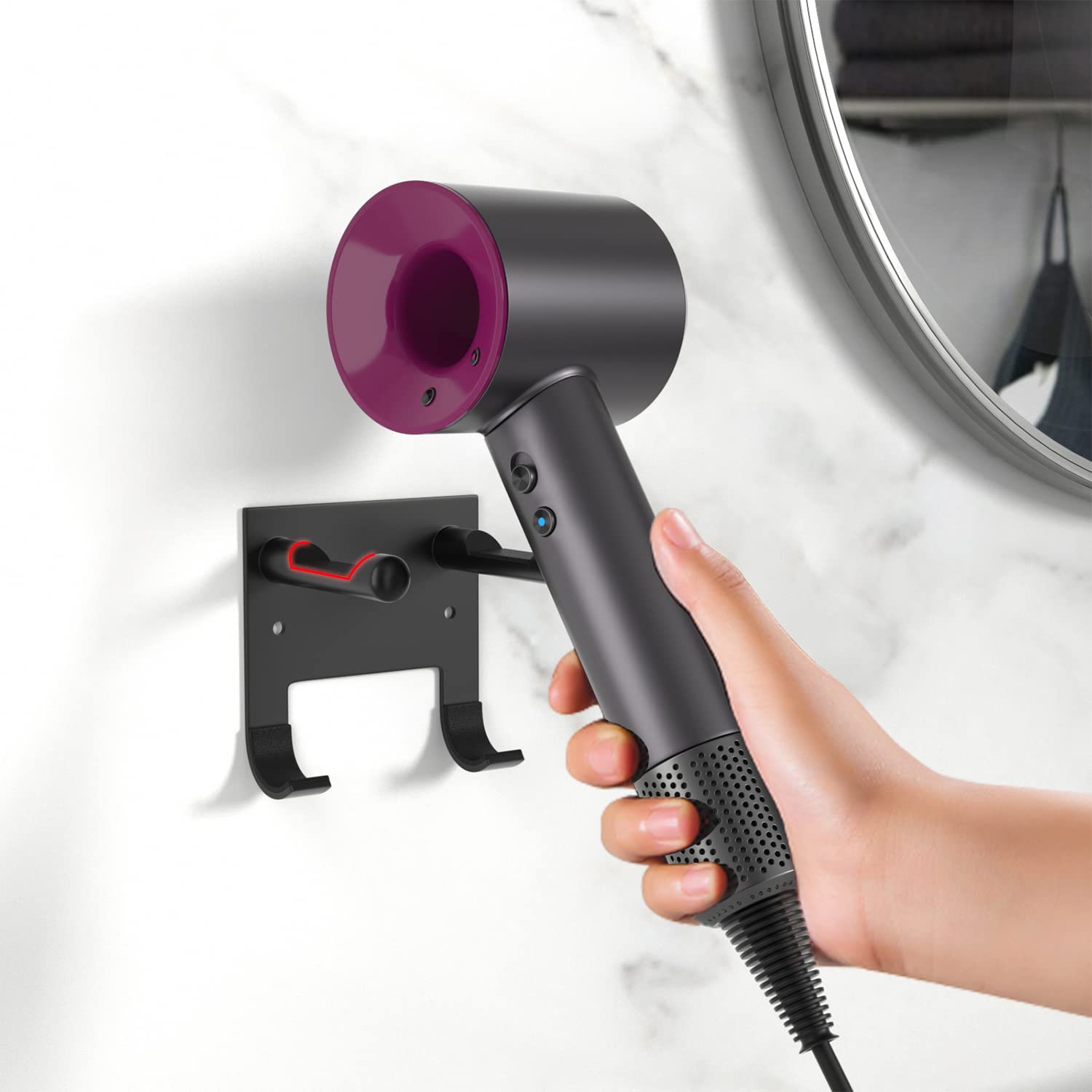 Hair Dryer Holder for Supersonic, with 4 Ring for Attachments Accessory Storage, with Wire Organization, Non-Slip Eva Protector, Black, Wall Mounted, Adhesive/Drilling
