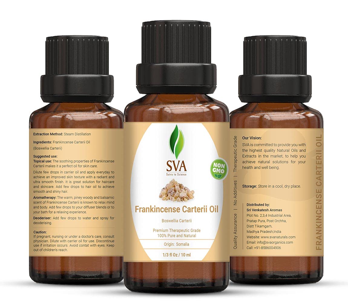 SVA Frankincense Essential Oil – 1/3 Fl Oz – 100% Natural Boswellia Carterii Oil - for Diffuser, Hair Care, Face, Skin Care, Aromatherapy, Scalp and Body Massage, Soap and Candle Making