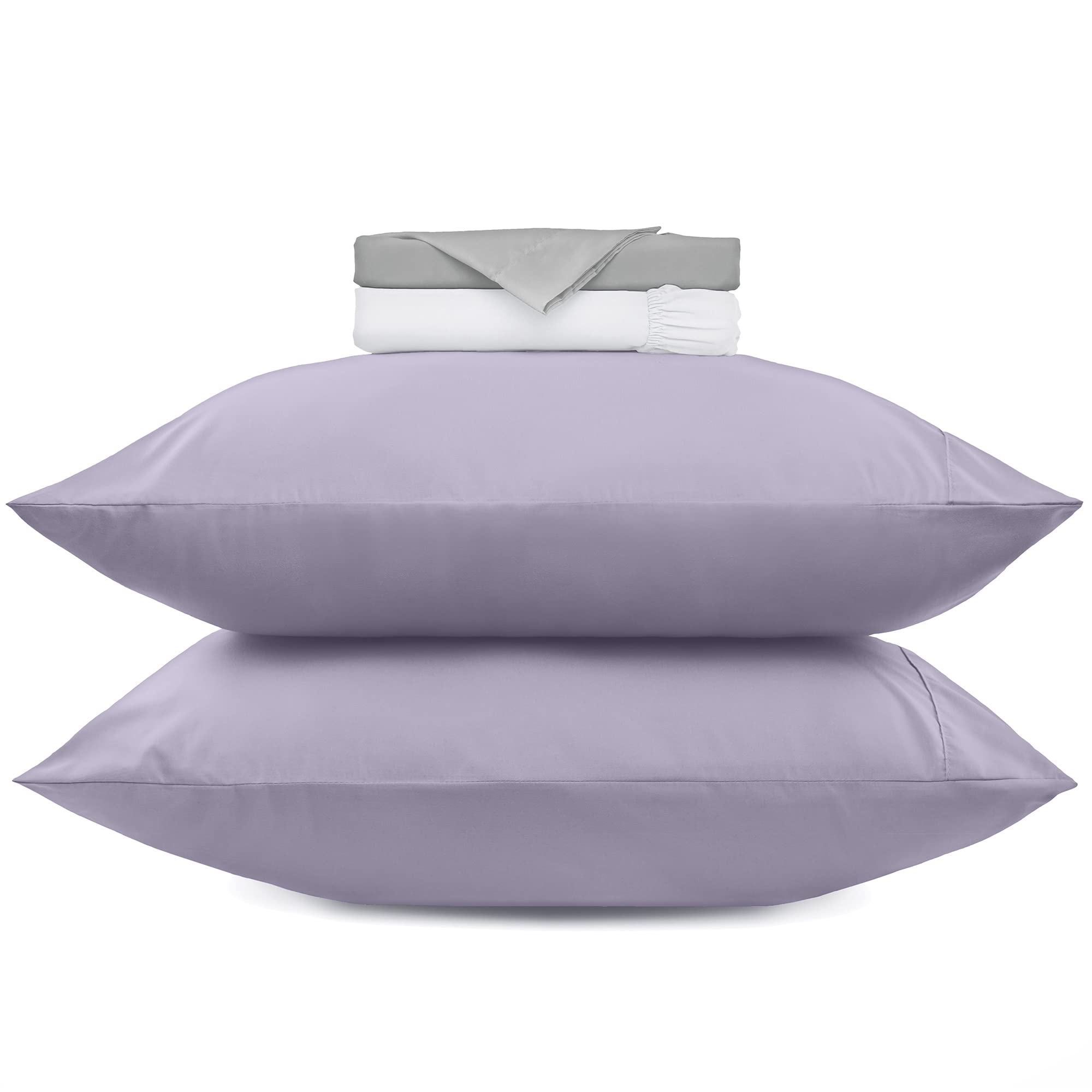 Mellanni California King Bed Sheet Set Colorful Bundle&Save - Luxury Bedding - Bundle Includes: White Cal King Fitted Sheet, Light Gray Cal King Flat Sheet and Lavender King 2 Pillowcases