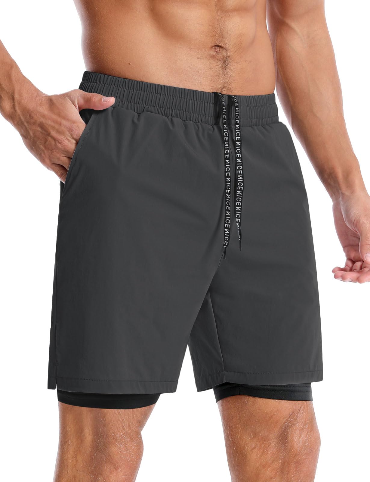 Aolesy Men’s 2 in 1 Running Shorts 7 Inch Quick Dry Workout Gym Shorts with Pockets Tennis Training Athletic Shorts with Liner for Men Dark Grey