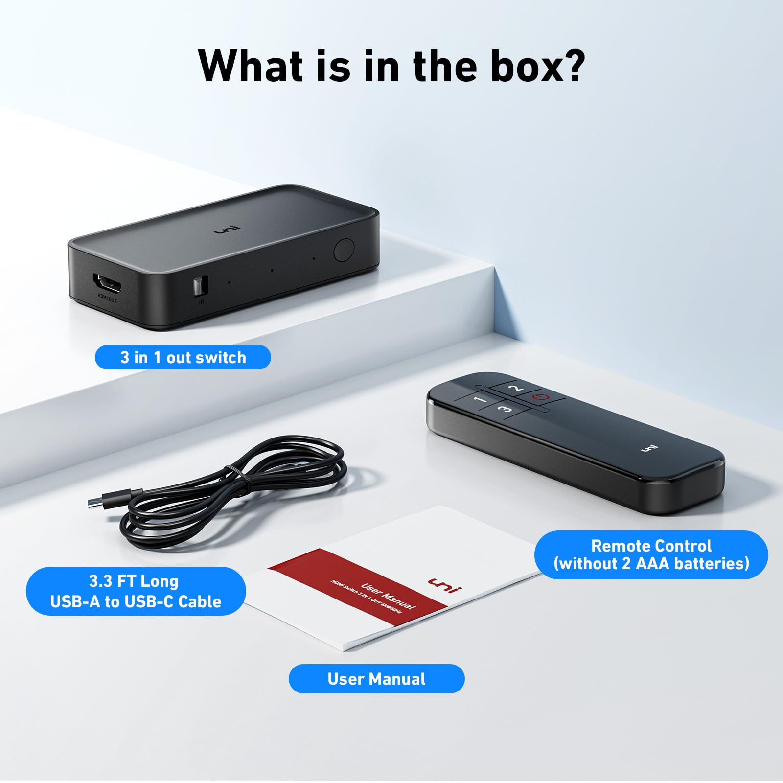 uni HDMI Switch 3 in 1 Out 4K@60Hz, HDMI Splitter Switcher with Remote, HDMI 2.0 Selector 3 Port Box Supports 3D, HDCP2.2, HDR Compatible with Laptop, PS5/4, Xbox, Roku TV, Fire Stick, Blu-Ray Player