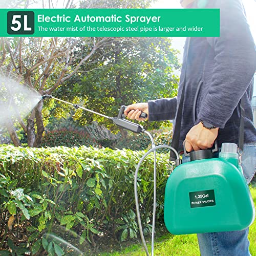 Battery Powered Sprayer 1.35Gallon, Upgrade Electric Garden Sprayer with 3 Mist Nozzles, USB Rechargeable Handle and Retractable Wand with Adjustable Shoulder Strap for Lawn,Garden,Cleaning